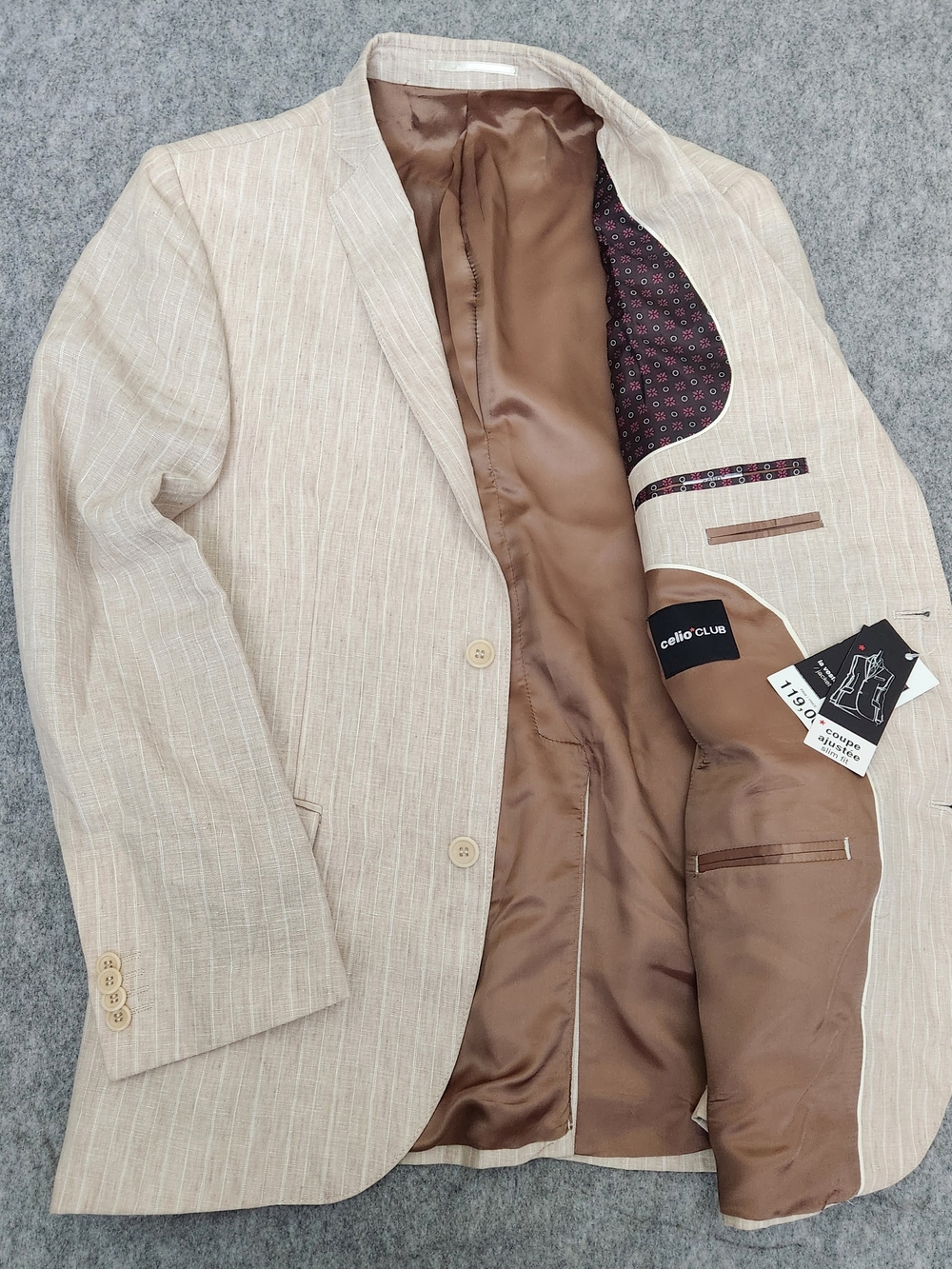 NWT Celio Club 100% Linen Blazer Jacket Men's 40R Beige Striped Lined Slim Fit